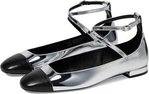 Stuart Weitzman Eden Flats Silver Black Cap Toe Ankle Strap Leather Womens 6 NIB